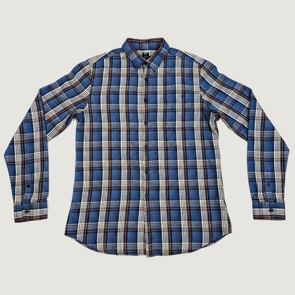Uniqlo Mens Long Sleeve Button Up Shirt Size Large Blue Burgundy Plaid